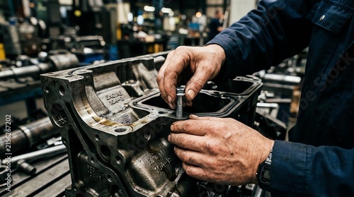 Close up of mechanic hands assembling heavy diesel engine block in industrial workshop