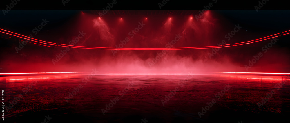Naklejka premium This red ice rink backdrop features neon red lights, spotlights, and smoke. Suitable for hockey competitions and winter-themed posters. Ideal for ice skating scenes, stadium visuals, or stock backgrou