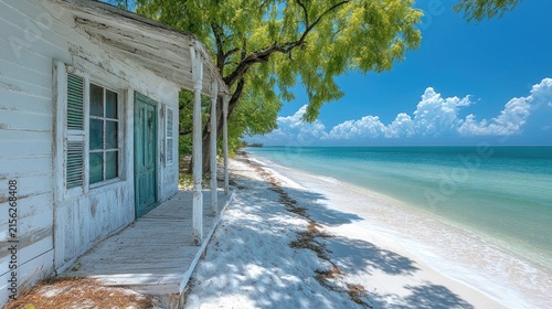 Tropical ocean view with an old weathered cottage on a white sand beach. Ideal for travel, relaxation themes, and summer vacation promotions.