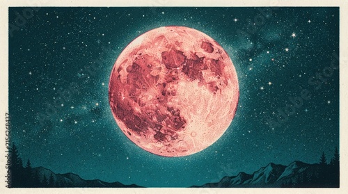 A Vibrant Red Supermoon Radiating Brightness Over a Dark Silhouetted Mountain Range Under a Starry Night Sky Vintage Art Style Illustration