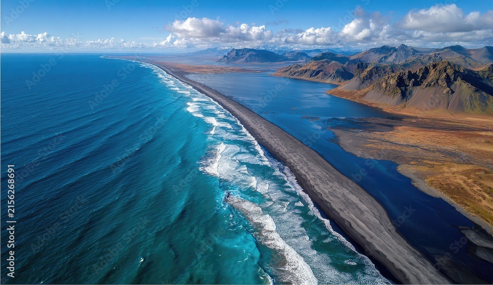 Fototapeta premium Coastal landscape, dramatic waves, dark sand, mountains, clear sky