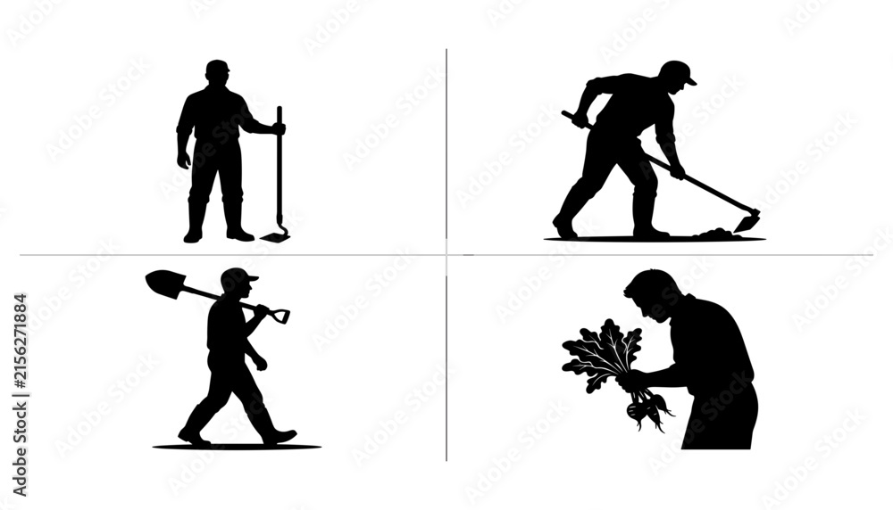 Fototapeta premium Gardening and Agricultural Worker Silhouette Collection Flat Vector Set