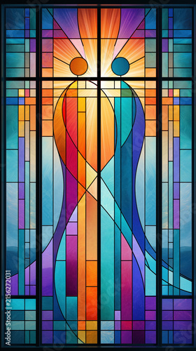 Tall stained glass artwork with two stylized human figures facing each other, radiant rainbow colors, leaded geometry, sunburst light, cathedral style craftsmanship, rich translucent glow