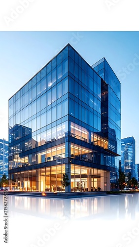 Modern glass skyscraper reflecting city skyline at dusk.