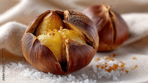Two roasted chestnuts are on a coarse linen napkin with a sprinkle of coarse sea salt. One chestnut is split open, revealing its tender, golden interior, as the other sits beside it.