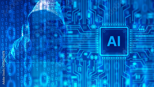 Cybersecurity. Hacker uses artificial intelligence and digital networks for cyberattack automation, data intrusion, security threats and system hacking.