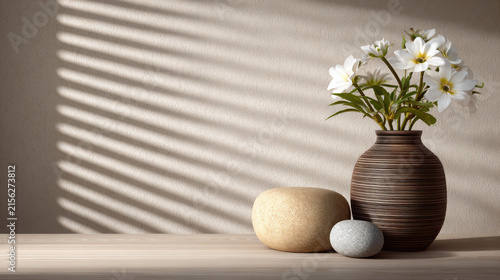 A beautiful white flower bouquet in a brown ceramic vase, next to a textured round object and a small grey sphere, sits on a light brown surface, with sunlight casting striped shadows on a beige wall