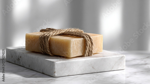 A handcrafted bar of natural soap tied with twine, resting on a minimalist marble pedestal. The soft light creates a serene and artisanal atmosphere
