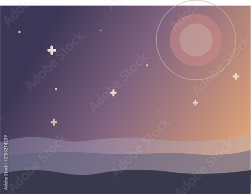 Фотография Hand drawn cute night sky background with full moon glow, hills and stars, purpl