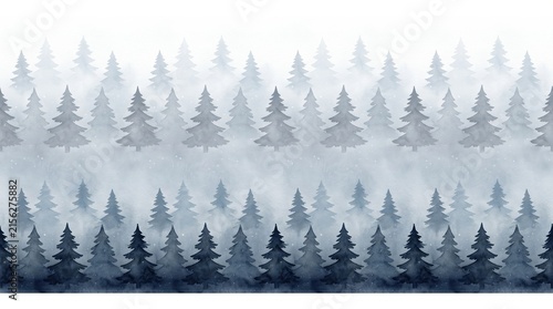 Seamless pattern with foggy spruce forest. Fir trees isolated on white background.