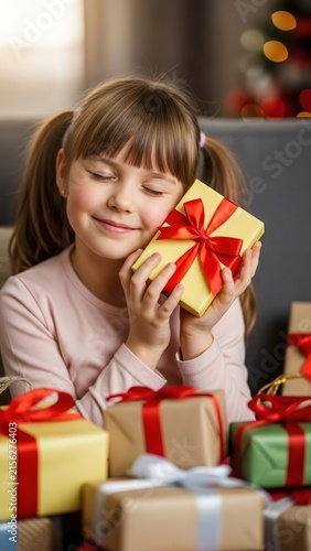 Joyful young girl holding a Christmas gift with eyes closed and a smile