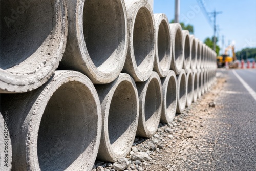 Rows of large concrete drainage pipes stacked neatly along the side of a road during construction.
