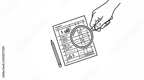 Hand Holding Magnifying Glass Over Financial Document with Pen on White Background