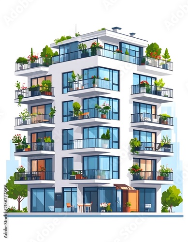 Modern multi story apartment building with balconies and greenery.