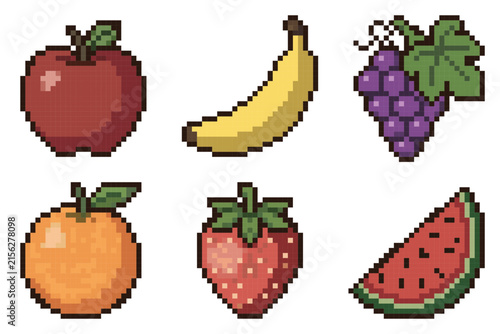 Collection of pixel art fresh fruit icons featuring apple banana grape orange strawberry and watermelon