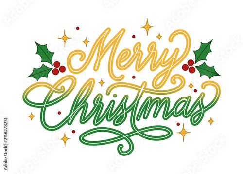 Merry Christmas Calligraphy Lettering Typography Design with Holly Berries and Gold Sparkles