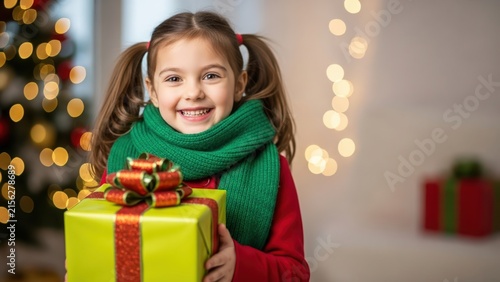 Happy Young Girl Holding a Christmas Gift with Festive Lights and Tree Background
