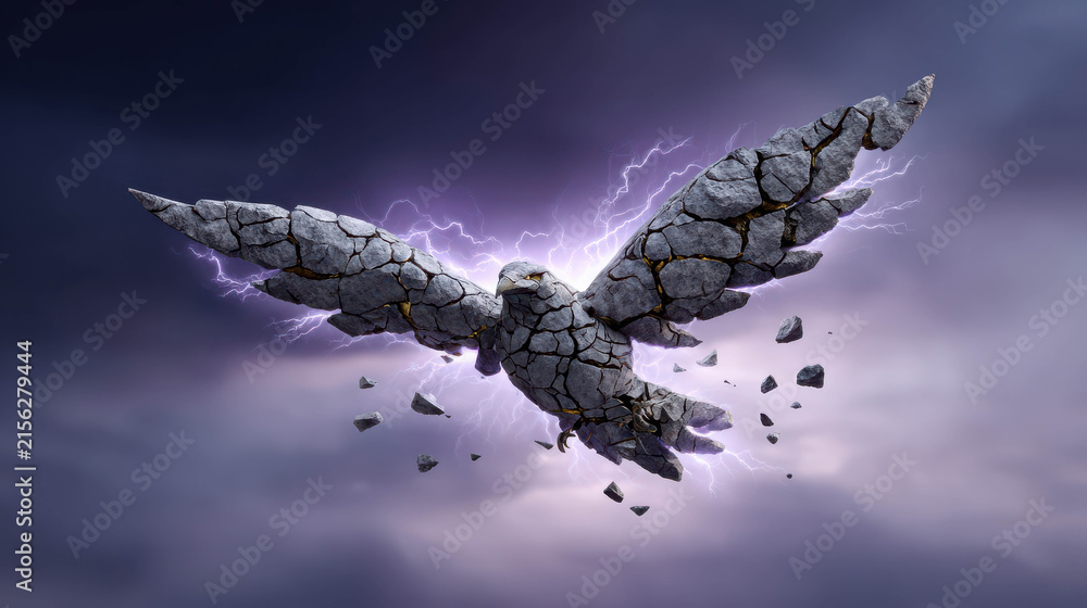 Obraz premium A stone eagle, powerful and majestic, soaring through a stormy sky, its wings casting a shadow as lightning strikes around it