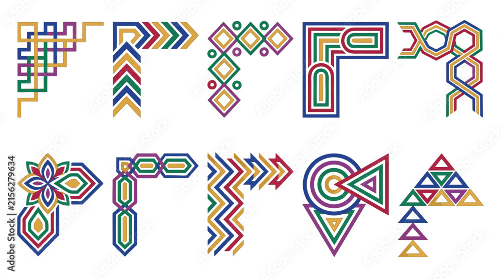 Fototapeta premium Set of Colorful Geometric Corner Ornaments Featuring Intricate Patterns and Border Designs