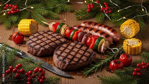 Festive Christmas BBQ Feast with Grilled Steaks Sausages and Corn