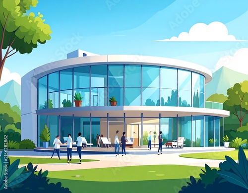 Modern glass building with outdoor seating area.