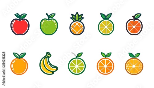 Colorful tropical fruits with green leaves isolated.