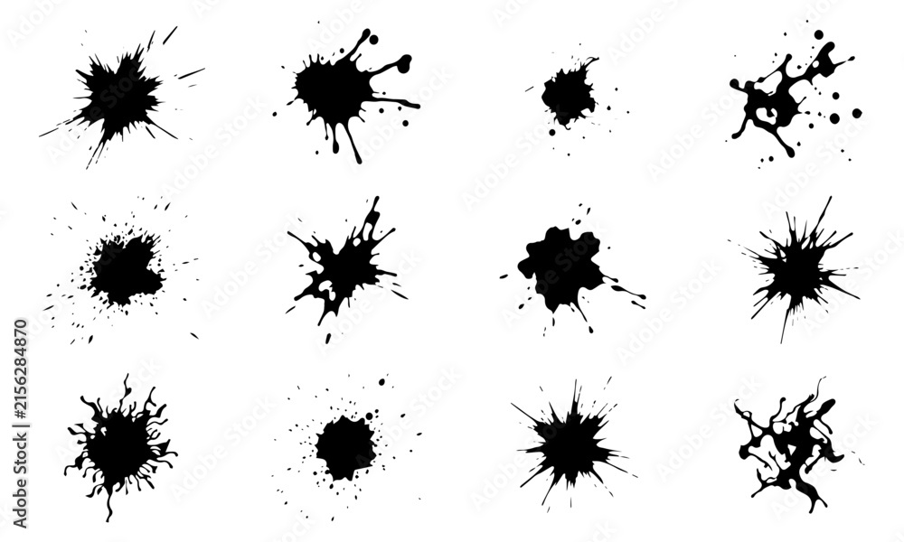Fototapeta premium Set of twelve unique black ink splatters and artistic paint drops
