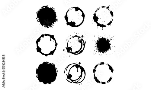 Set of black ink grunge circles and coffee stains for artistic design