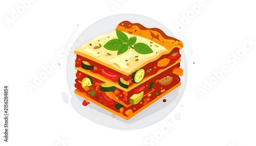 Colorful layered vegetable lasagna slice on white plate.