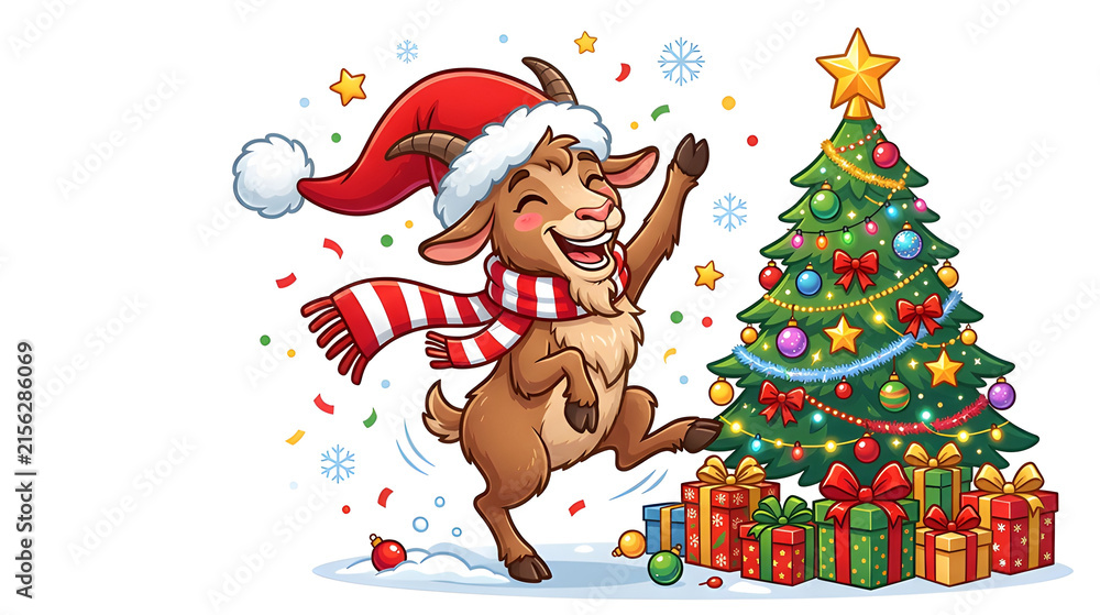 Fototapeta premium Funny Christmas goat dancing joyfully beside a decorated Christmas tree, wearing a ridiculous oversized Santa hat and striped scarf, one hoof raised in the air, funny happy expression, festive 