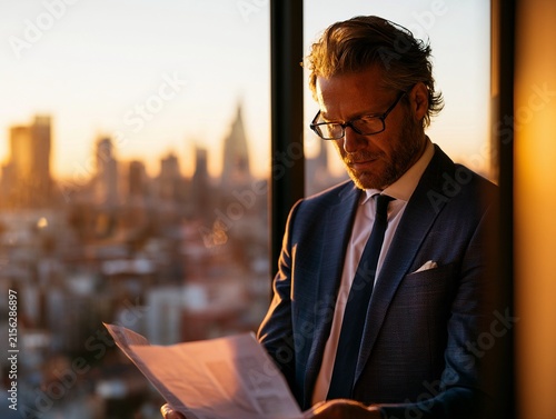 Senior Business Executive Reviewing Financial Report in Modern Office at Sunset