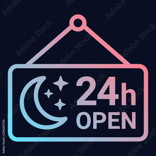 24 Hour Open Sign with Moon and Stars Neon Gradient