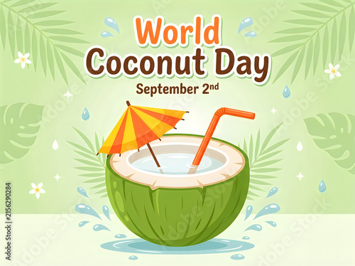 World coconut day illustration with tropical drink and palm leaves