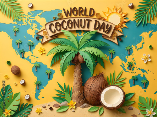 World coconut day celebration paper art map with tropical elements