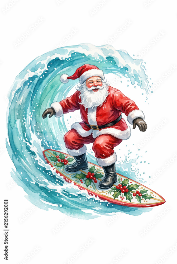 Fototapeta premium Santa Surfing on a Red Surfboard.svg