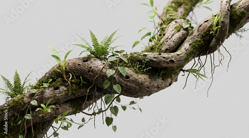 Entangled Old Tree Branch Covered with Fresh Green Moss and Ferns