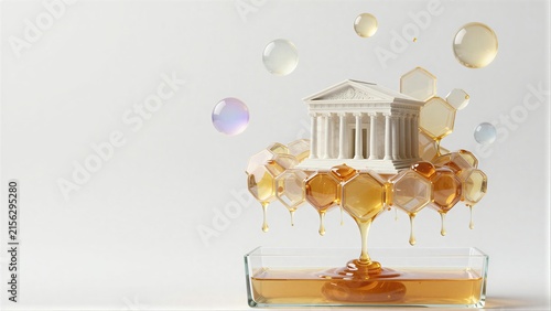 Honey flows from a classical building, surrounded by hexagons and bubbles.
