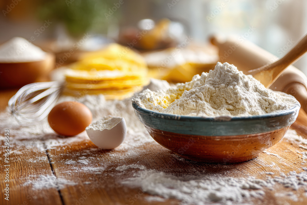 Fototapeta premium Rustic kitchen scene with a bowl of flour, eggs, and a whisk, ready for baking on a wooden table with a soft natural light background.