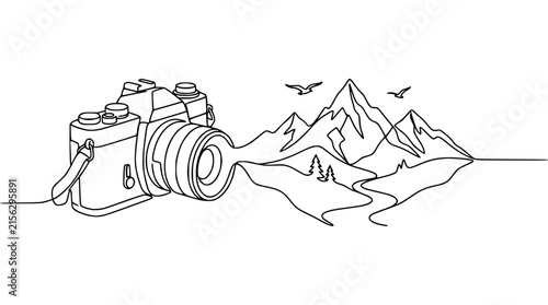 Continuous line drawing of vintage camera merging with mountain landscape and birds