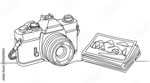 Retro Camera and Stacked Landscape Photos, Continuous Line Art