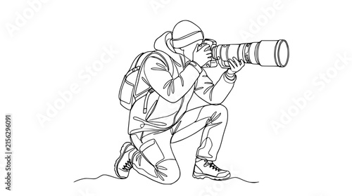 Continuous line drawing of a photographer kneeling with a large camera