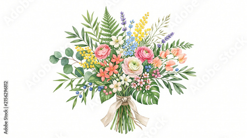 Watercolor Flower Bouquet with Roses and Greenery