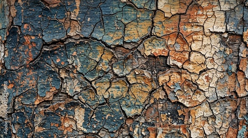 Close-up of cracked and peeling paint revealing aged layers on weathered surface texture background