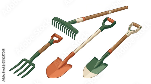 Vector illustration of gardening tools including a rake gardeningtools shovel
