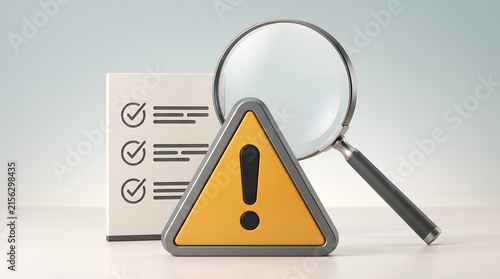 Regulatory compliance review symbol with hazard triangle and magnifying glass analyzing corporate checklist document