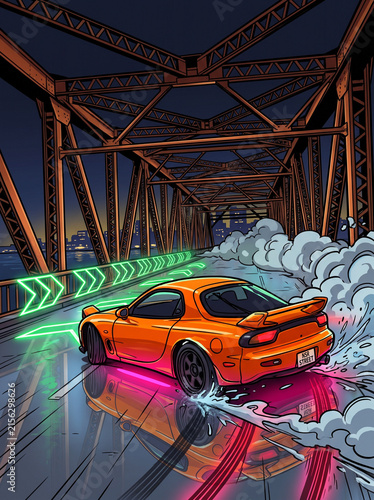 orange car drifting race on the bridge