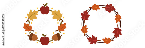 Two decorative autumn wreaths featuring colorful fall leaves apples and acorns.