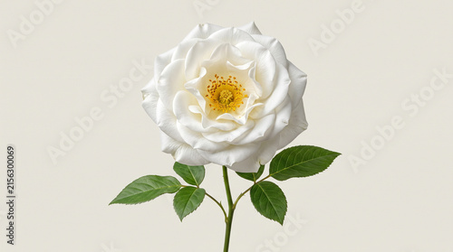 Beautiful White Rose Flower with Green Leaves on Neutral Background