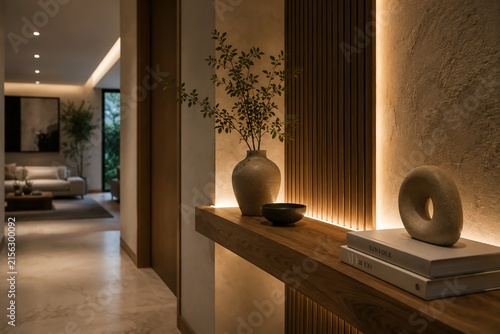 Warm Luxury Minimalist Entryway with Wooden Console, Decorative Vase and Ambient Lighting