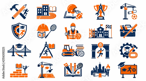 Versatile Icons Set Merging Education Sports and Industrial Skills
